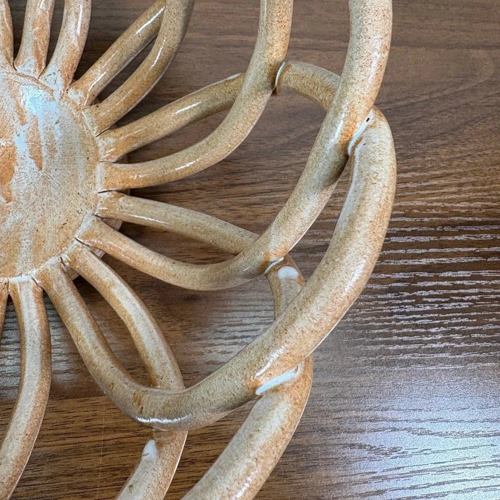 Vintage Eucalyptus Stoneware glazed peach-colored woven Bread Basket signed